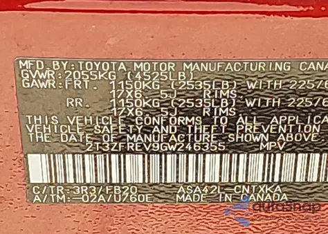 2016 Toyota Rav4 Le z USA, uszkodzony, nr VIN 2T3ZFREV9GW246355